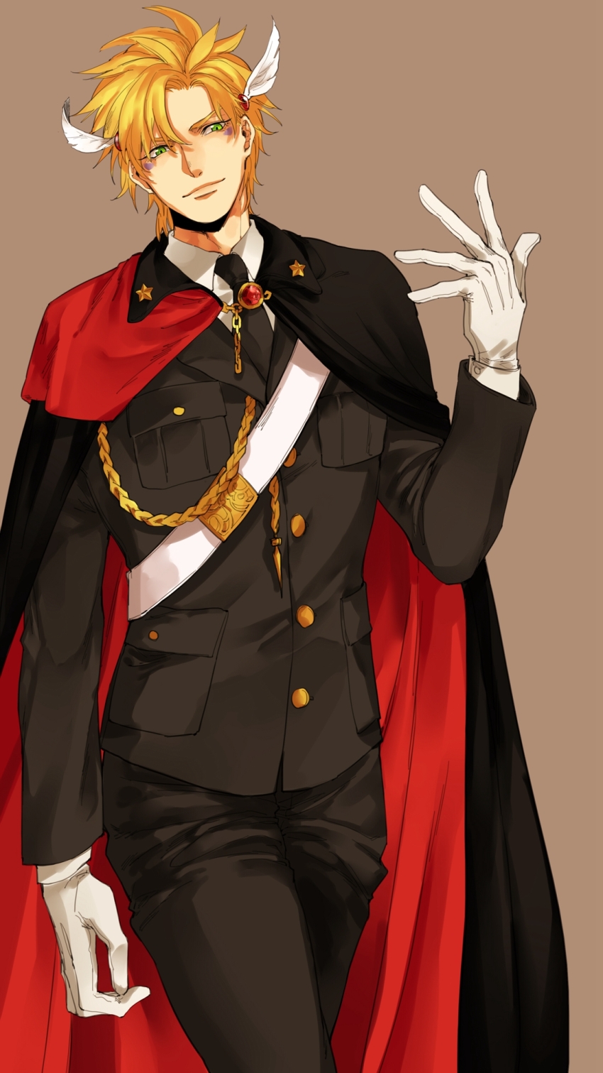 1boy aiguillette alternate_costume battle_tendency blonde_hair brooch caesar_anthonio_zeppeli cape chain facial_mark gloves green_eyes highres jewelry jojo_no_kimyou_na_bouken kuzen male_focus military military_uniform necktie smile solo star_(symbol) white_gloves winged_hair_ornament