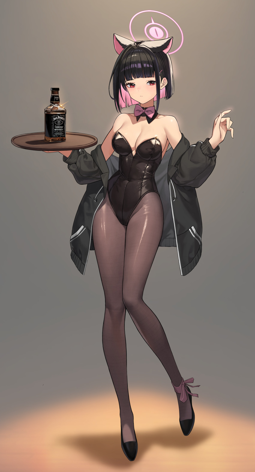 1girl absurdres alternate_costume animal_ears black_hair black_jacket black_leotard black_shoes blue_archive blunt_bangs bottle bow bowtie breasts brown_pantyhose cat_ears cleavage commentary_request covered_navel detached_collar extra_ears full_body halo high_heels highres holding holding_tray jacket jacket_partially_removed kazusa_(blue_archive) kittysuit leotard long_sleeves looking_at_viewer medium_breasts nontraditional_playboy_bunny onedo open_clothes open_jacket pantyhose parted_lips pink_bow pink_bowtie pink_hair pink_halo playboy_bunny red_eyes shoes short_hair simple_background solo standing strapless strapless_leotard tray wine_bottle