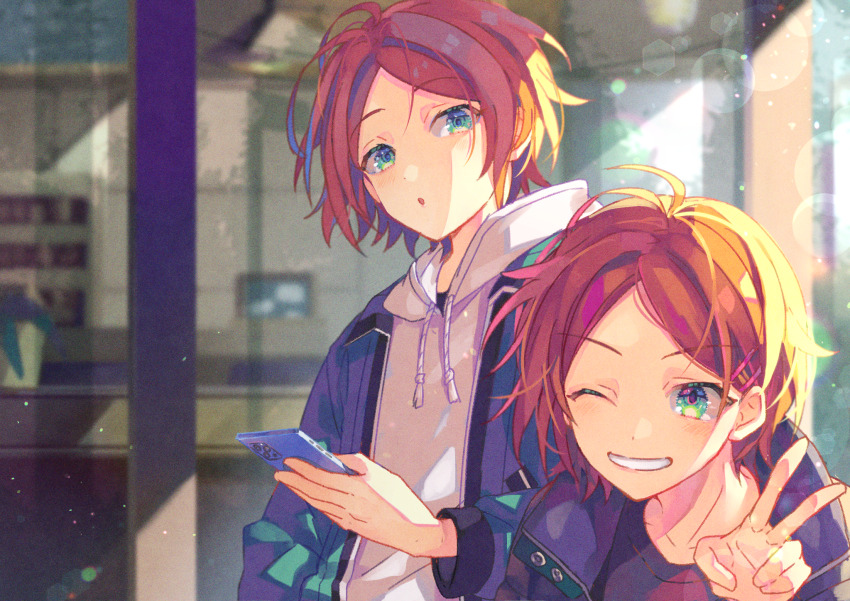 2boys aoi_hinata aoi_yuta bishounen black_jacket black_shirt blurry bokeh brothers brown_hair cellphone depth_of_field ensemble_stars! eyelashes green_eyes grin hair_ornament hairclip highres holding holding_phone jacket looking_at_viewer male_focus multiple_boys nagatsukiariake one_eye_closed open_mouth outdoors phone shirt short_hair siblings smartphone smile twins v