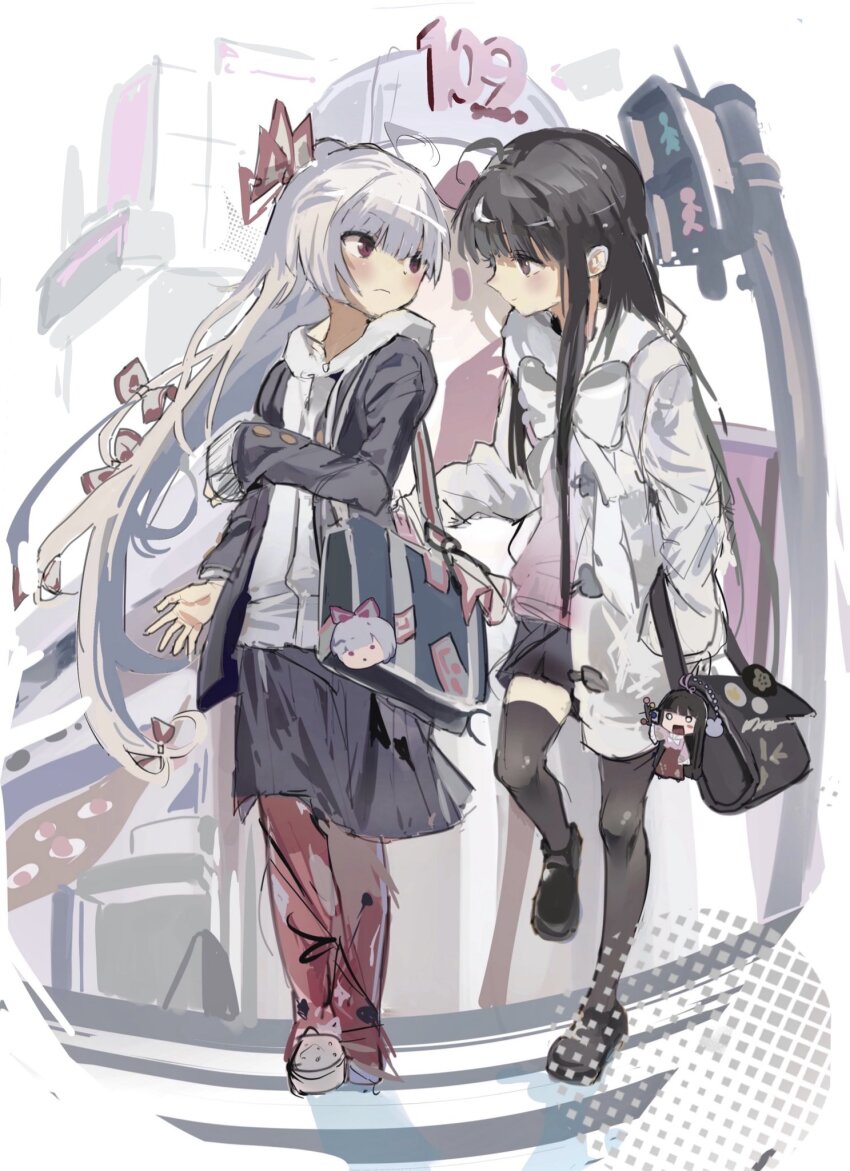 2girls ahoge alternate_costume bag bag_charm black_bag black_footwear black_hair black_jacket black_skirt black_thighhighs blunt_bangs blush bow brown_eyes charm_(object) closed_mouth coat contemporary crocs crosswalk eye_contact fujiwara_no_mokou full_body gap_(touhou) grey_hair hair_bow hand_in_pocket high_ponytail highres hood hood_down hoodie houraisan_kaguya ievan_polkka_(vocaloid) jacket leg_up loafers long_hair long_sleeves looking_at_another miniskirt multiple_girls multiple_hair_bows ofuda open_clothes open_coat pants pants_under_skirt pin pink_sweater ponytail red_pants school_bag sesmkun shoes skirt sweater thighhighs touhou traffic_light very_long_hair walking white_coat white_hoodie
