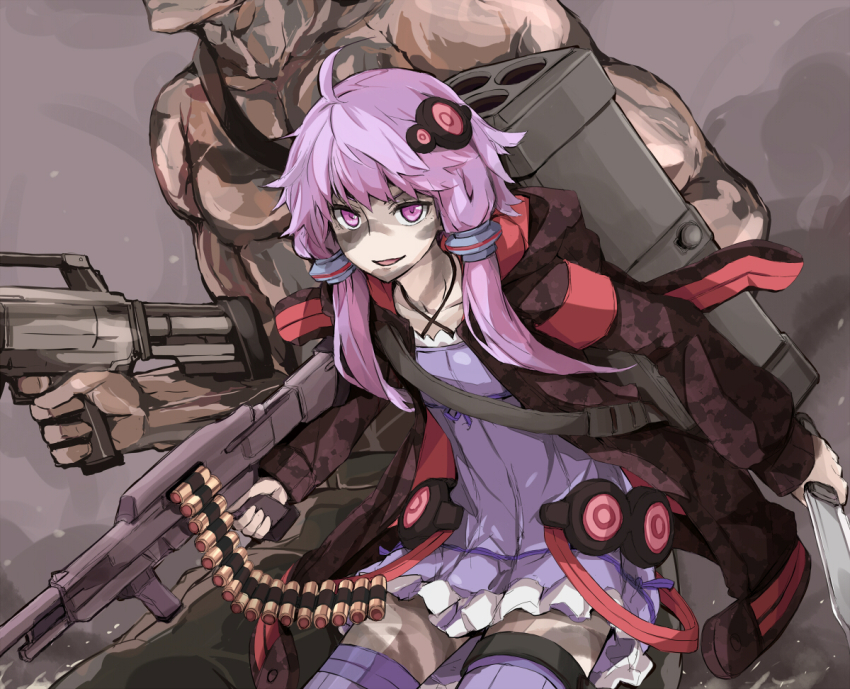 1boy 1girl ahoge ammunition ammunition_belt animal_hood armband arnold_schwarzenegger assault_rifle bandolier behind_another belt black_jacket bodypaint camouflage camouflage_jacket camouflage_paint collarbone commando_(movie) commentary_request criss-cross_halter crossover dress dust_cloud empire_waist facepaint grey_background gun hair_ornament halter_dress halterneck head_out_of_frame holding holding_gun holding_weapon hood hood_down hooded_jacket jacket leaning_forward light_purple_hair long_sleeves looking_at_viewer m202_flash machete machine_gun multiple-barrel_gun multishot_rocket_launcher muscular muscular_male open_clothes open_jacket open_mouth pink_armband purple_dress purple_eyes purple_thighhighs rabbit_hood ribbed_dress ribbed_thighhighs rifle rocket_launcher serious short_dress short_hair_with_long_locks shoulder_strap smile thighhighs topless_male toromera v-shaped_eyebrows vocaloid voiceroid weapon weapon_request yuzuki_yukari