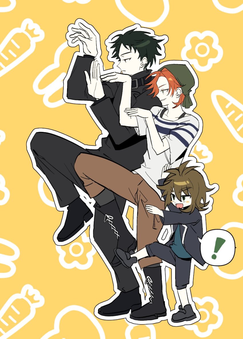 ! 1girl 2boys :d annie_(saibou_shinkyoku) bandana black_boots black_jacket black_pants black_shoes blue_shirt boots bra_strap brown_hair brown_pants child closed_mouth commentary_request dreyfus_zweig green_bandana green_eyes highres isoi_reiji jacket korean_commentary lace-up_boots long_sleeves medium_hair multiple_boys open_clothes open_jacket open_mouth orange_hair outline pants saibou_shinkyoku sanpaku shirt shoes short_hair short_sleeves smile spoken_exclamation_mark t-shirt v-shaped_eyebrows white_outline white_shirt yellow_background yeopmaesa yotsubato!_pose