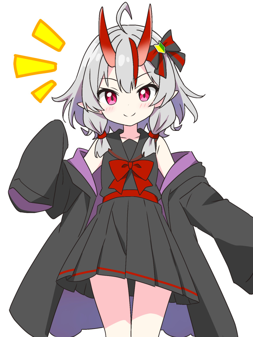 1girl bare_shoulders black_bow black_coat black_sailor_collar black_shirt black_skirt blush bow bowtie closed_mouth coat commentary_request cowboy_shot dot_nose grey_hair hair_bow hand_up highres horns kotatsu-mazoku long_sleeves looking_at_viewer multicolored_hair notice_lines off_shoulder open_clothes open_coat original pink_eyes pleated_skirt pointy_ears red_bow red_bowtie red_hair red_horns sailor_collar shirt shoshinsha_mark simple_background skirt sleeveless sleeveless_shirt sleeves_past_fingers sleeves_past_wrists smile solo streaked_hair striped_bow two-tone_hair white_background