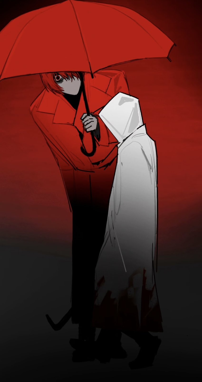 1boy 1girl absurdres baobing blood blood_on_clothes chinese_commentary coat commentary_request full_body hair_over_one_eye height_difference heroine_(homicipher) highres holding holding_umbrella homicipher hood hood_up hooded_coat lapels long_sleeves looking_at_viewer mr._scarletella notched_lapels red_coat red_eyes red_hair short_hair umbrella white_coat