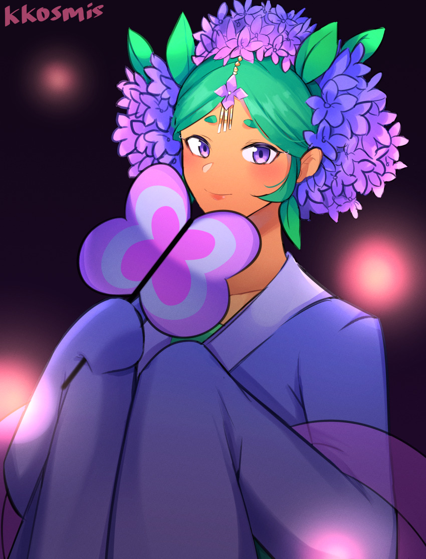 1girl absurdres closed_mouth cookie_run cookie_run:_ovenbreak dark-skinned_female dark_skin flower green_hair hair_flower hair_ornament highres holding humanization hydrangea hydrangea_cookie japanese_clothes kimono kosmis leaf looking_at_viewer middle_part plant_hair purple_eyes purple_kimono short_hair smile solo upper_body