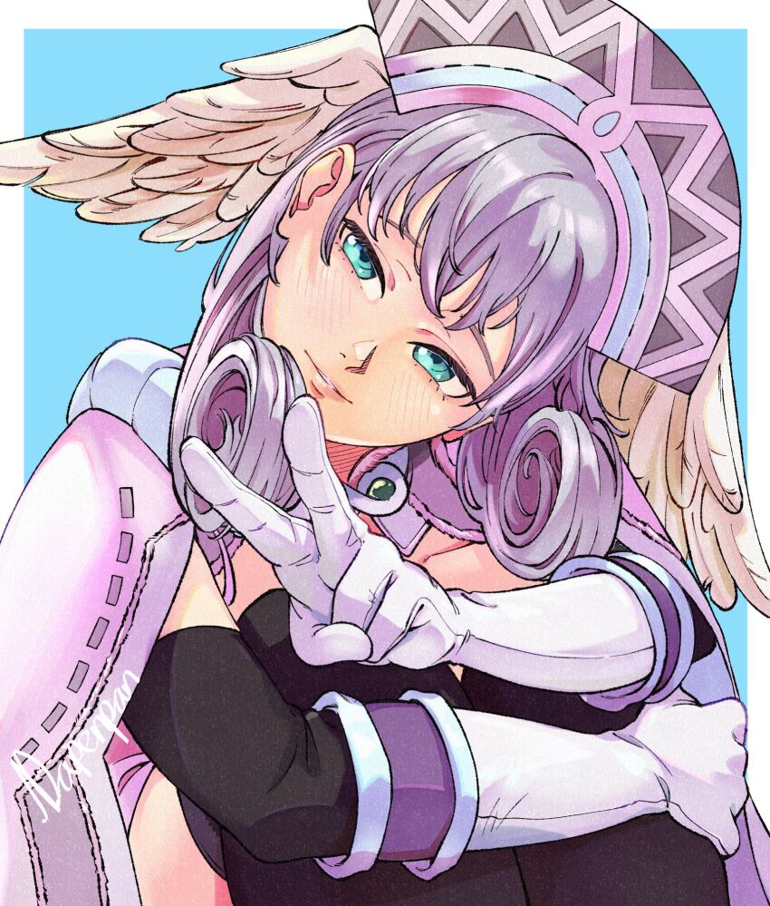 1girl blue_background blue_eyes border commentary curly_hair dapenpan english_commentary eyelashes gloves grey_hair head_tilt head_wings highres long_hair melia_antiqua outside_border pink_lips simple_background sitting solo v white_border white_gloves wings xenoblade_chronicles_(series) xenoblade_chronicles_1