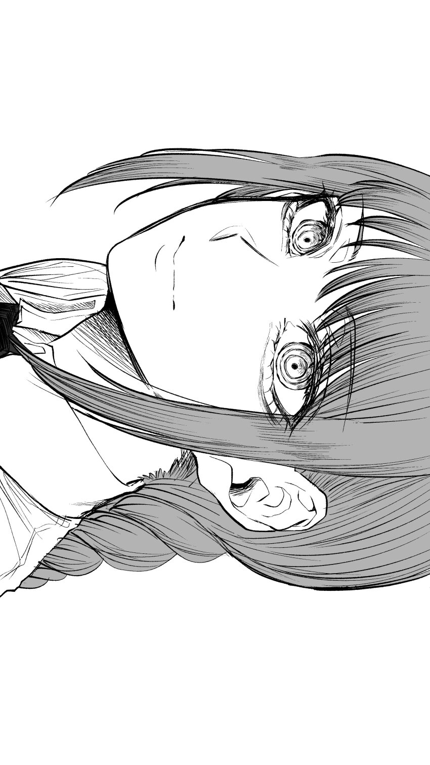 1girl absurdres braid braided_ponytail chainsaw_man collared_shirt greyscale haru_rice highres looking_at_viewer makima_(chainsaw_man) medium_hair monochrome necktie ringed_eyes shirt sidelocks sideways simple_background smile solo white_background