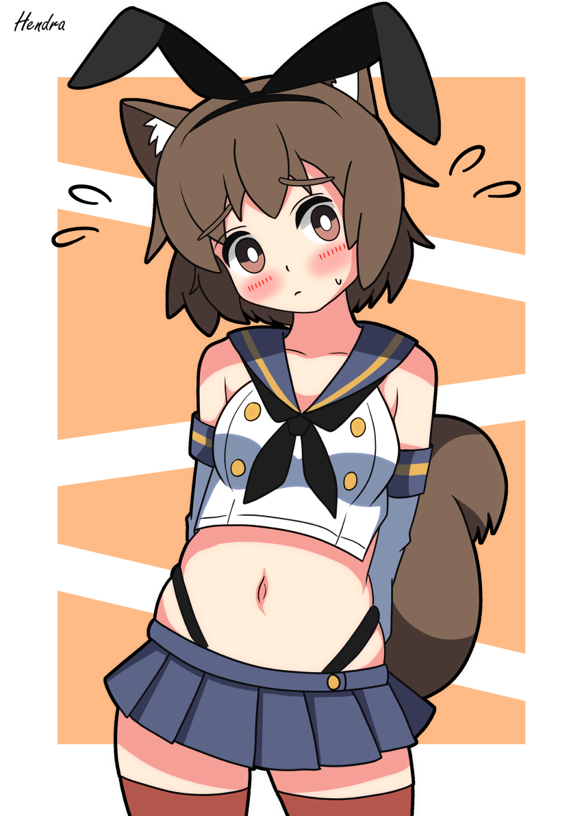 1girl absurdres animal_ear_hairband animal_ears arknights arms_behind_back artist_name black_panties blue_skirt breasts brown_eyes brown_hair closed_mouth cosplay cowboy_shot cropped_shirt elbow_gloves fake_animal_ears flying_sweatdrops gloves hairband hendra highleg highleg_panties highres kantai_collection looking_at_viewer microskirt midriff navel orange_background panties pleated_skirt rabbit_ear_hairband rabbit_ears red_thighhighs shaw_(arknights) shimakaze_(kancolle) shimakaze_(kancolle)_(cosplay) shirt short_hair signature simple_background skirt sleeveless sleeveless_shirt small_breasts solo squirrel_ears squirrel_girl squirrel_tail tail thighhighs underwear white_gloves white_shirt