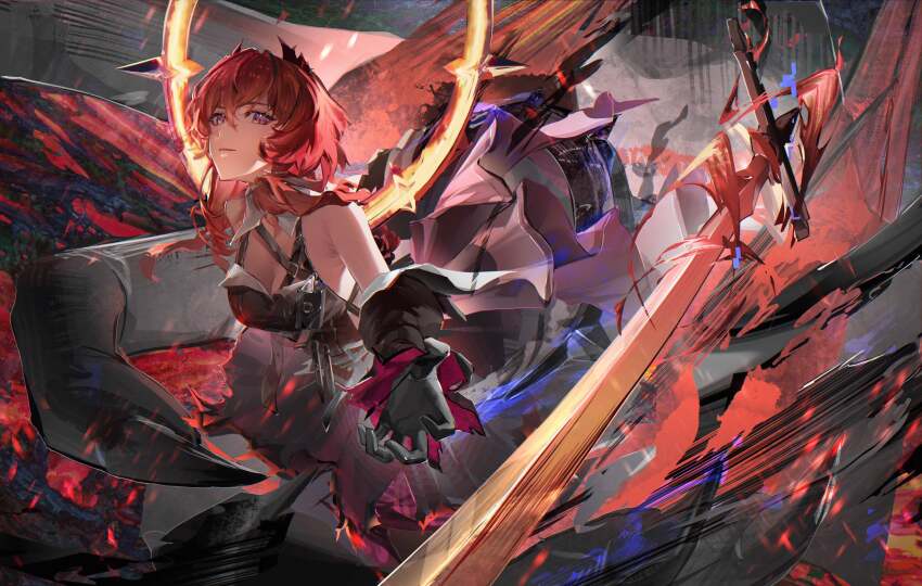 1girl absurdres arknights arknights:_endfield armpit_crease belt belt_buckle black_dress black_gloves black_horns breasts buckle cleavage collar commentary_request demon_girl demon_horns detached_collar detached_sleeves dress fire flaming_sword flaming_weapon floating floating_clothes floating_object floating_sword floating_weapon foreshortening giant_hand gloves hair_between_eyes highres horns laevatein_(arknights) leaning_forward light_smile long_hair looking_at_viewer medium_breasts motion_lines multiple_belts outstretched_arm purple_eyes red_hair ring_of_fire sidelocks sleeveless sleeveless_dress slit_pupils solo surtr_(arknights) sword three_quarter_view upper_body weapon white_collar xiaoraini