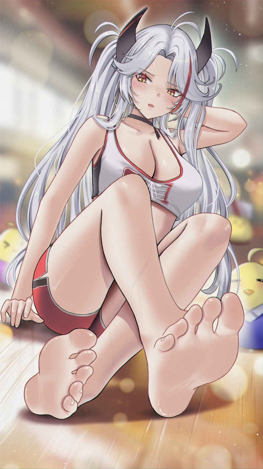 1girl absurdres antenna_hair azur_lane barefoot blurry blurry_background breasts buko_(bukosuki) cleavage crop_top crossed_legs feet full_body grey_hair hand_in_own_hair hand_up highres large_breasts manjuu_(azur_lane) multicolored_hair number_print official_alternate_costume prinz_eugen_(azur_lane) prinz_eugen_(brilliant_touchdown)_(azur_lane) red_hair red_shorts shorts sitting soles sports_bra streaked_hair toes two_side_up white_sports_bra
