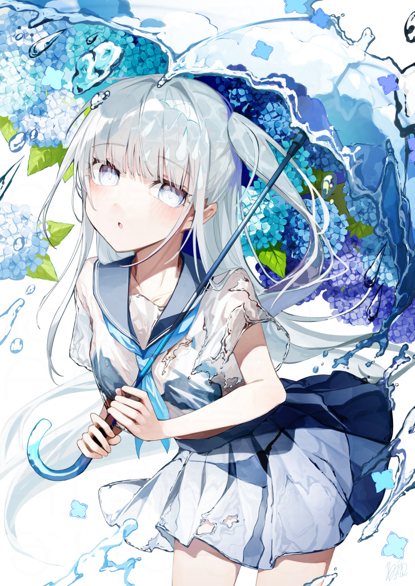 1girl absurdres blue_bra blue_eyes blue_neckerchief blue_panties blue_sailor_collar blue_skirt blunt_bangs blush bra breasts collarbone commentary_request flower highres holding holding_umbrella liquid_clothes liquid_umbrella long_hair looking_at_viewer neckerchief negimapurinn one_side_up open_mouth original panties sailor_collar sailor_shirt school_uniform see-through_clothes see-through_shirt see-through_skirt serafuku shirt simple_background skirt small_breasts solo standing thighs umbrella underwear very_long_hair water water_drop wet white_background white_hair white_shirt