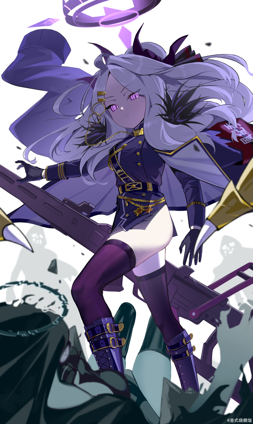 absurdres ahoge armband black_coat black_halo black_skirt black_thighhighs blue_archive boots breasts coat coat_on_shoulders demon_girl demon_horns demon_wings gang_shi_shao_e_fan gun halo highres hina_(blue_archive) horns loli long_hair looking_at_viewer machine_gun mg42 purple_eyes red_armband simple_background skirt small_breasts standing thighhighs thighs weapon white_background white_hair wings
