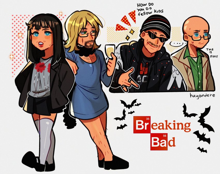 ... 2boys \m/ \n/ animification artist_name bald_eagle bat_(animal) bird blue_eyes breaking_bad commentary copyright_name cosplay cup eagle english_commentary english_text facial_hair glasses green_eyes highres holding holding_cup how_do_you_do_fellow_kids_(meme) huyandere jane_margolis jane_margolis_(cosplay) jesse_pinkman jesse_pinkman_(cosplay) jewelry logo male_focus meme multiple_boys ring simple_background skyler_white skyler_white_(cosplay) spoken_ellipsis standing sunglasses walter_white walter_white_(cosplay) white_background