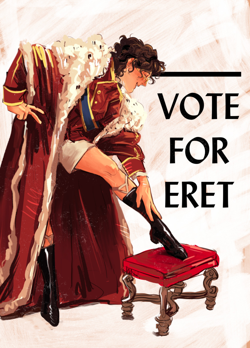 1other black_footwear black_socks blue_sash brown_hair cape curly_hair dream_smp earrings english_text eret_(youtuber) foot_up footrest fur-trimmed_cape fur_trim glasses gold_earrings gold_trim hand_on_own_hip hatching_(texture) highres jacket jewelry legwear_garter looking_down military_jacket minecraft_youtube propaganda red_cape red_jacket routeriver sash short_hair shorts smile socks solo tumblr_sexyman_tournament white_background white_shorts yellow-framed_eyewear