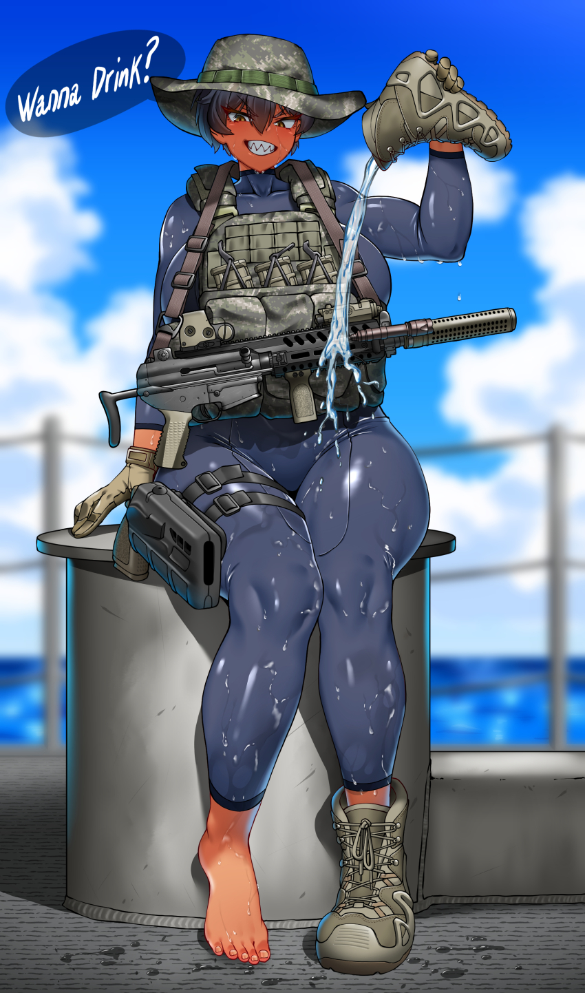 1girl absurdres barefoot black_hair boots breasts feet grin gun hat highres hitch_(perotoss) large_breasts looking_at_viewer original sharp_teeth shoes short_hair smile tactical_clothes teeth toes unworn_boots unworn_shoes weapon yellow_eyes