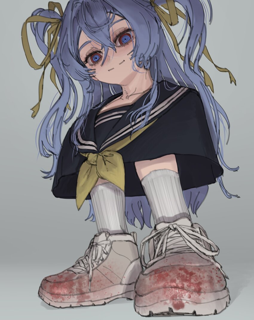 1girl absurdres black_sailor_collar black_shirt blood_on_shoes blue_eyes blue_hair blush crossed_bangs drip_(meme) hair_ribbon highres long_hair looking_at_viewer meme original red_eyes ribbon ringed_eyes sailor_collar shirt shoes sidelocks smile sneakers socks solo two_side_up upper_body wass_nonnam wavy_hair white_shoes white_socks yellow_ribbon