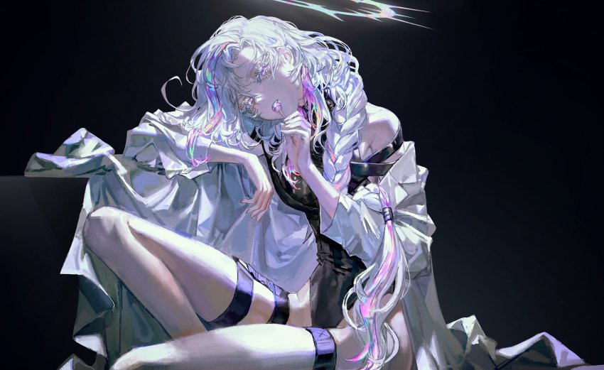 1girl black_background black_leotard braid breasts candy food grey_jacket hair_behind_ear highres holding holding_candy holding_food holding_lollipop in_mouth jacket leotard lollipop long_hair looking_at_viewer medium_breasts multicolored_hair off_shoulder original purple_eyes purple_hair quasarcake silver_hair sitting skindentation solo streaked_hair thigh_strap