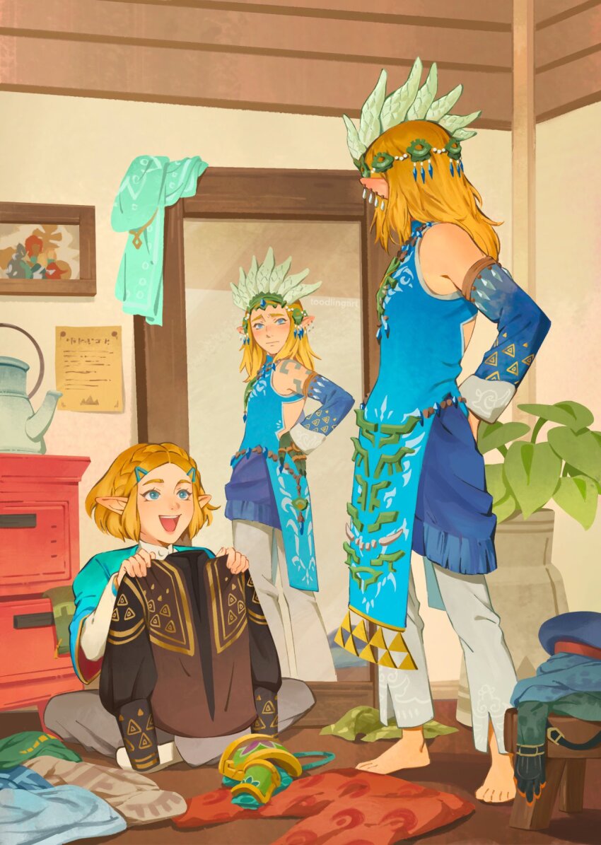 1boy 1girl barefoot blonde_hair blue_eyes blush daruk detached_sleeves frostbite_set_(zelda) highres holding holding_unworn_clothes link looking_at_mirror mipha mirror nintendo photo_(object) pointy_ears princess_zelda reflection revali short_hair smile standing the_legend_of_zelda the_legend_of_zelda:_tears_of_the_kingdom tiara toodlingart unworn_clothes urbosa