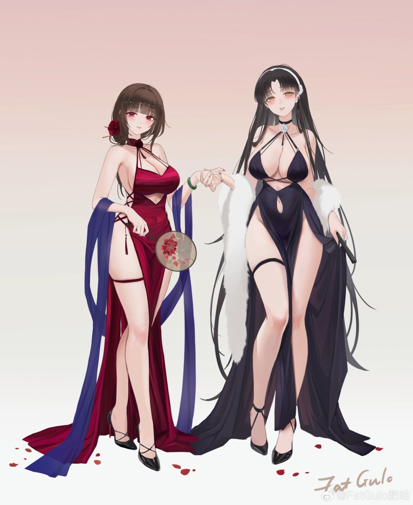 1913_(warship_girls_r) 2girls absurdres bare_legs bare_shoulders black_dress black_footwear black_hair blunt_bangs blush bracelet breasts brown_hair choker cleavage clothing_cutout couple dress earrings fatgulofei_gu flower full_body hair_ornament hairband halter_dress halterneck hand_fan high_heels highres holding holding_fan jewelry large_breasts long_dress long_hair looking_at_viewer multiple_girls navel navel_cutout official_alternate_costume parted_bangs petals red_dress red_eyes side-by-side side_slit smile standing thigh_strap thighs tuanshan very_long_hair warship_girls_r white_hairband yat_sen_(warship_girls_r) yellow_eyes yuri