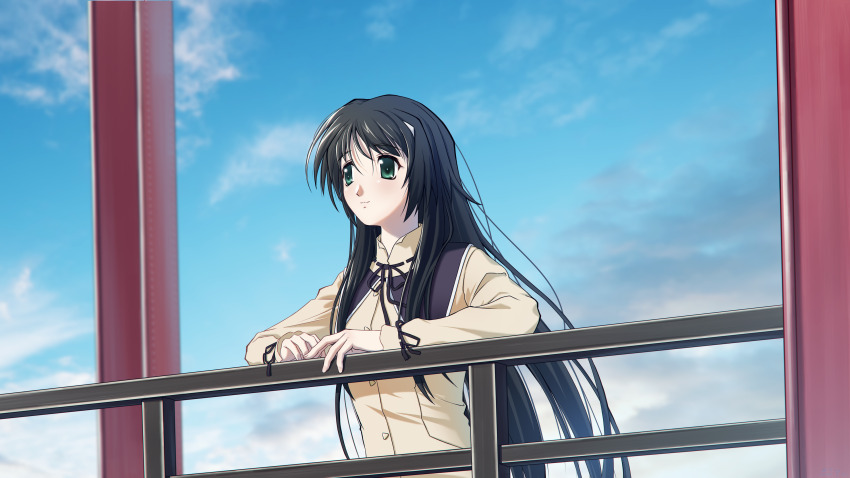 1girl absurdres black_hair day green_eyes highres long_hair long_sleeves memories_off misasagi_inori outdoors railing standing very_long_hair zyl_(pixiv_25086308)