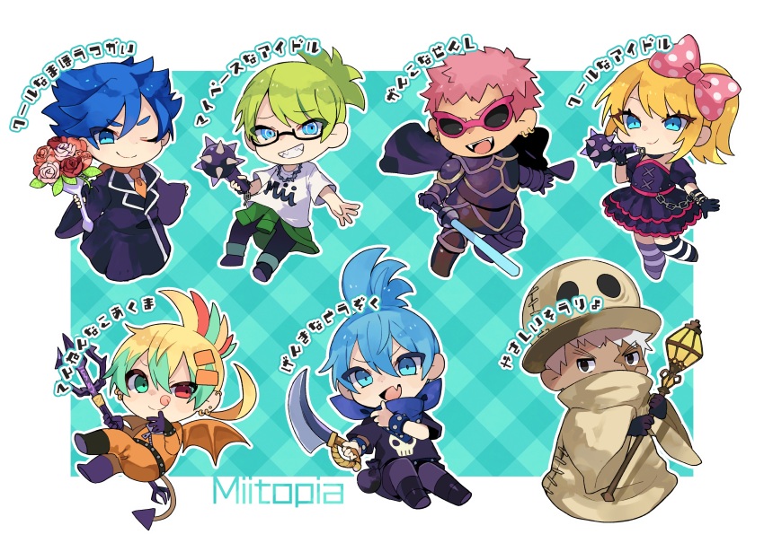 1girl 6+boys :o absurdres armor black_footwear blonde_hair blue_eyes bouquet bow bracelet brown_headwear cape chain chibi copyright_name dark-skinned_male dark_skin flower green_hair grin hat heterochromia highres holding holding_bouquet holding_mace holding_sword holding_polearm holding_wand holding_weapon iggy_koopa jewelry koopalings larry_koopa lemmy_koopa ludwig_von_koopa lzesmelt mace mario_(series) medium_hair miitopia mohawk morton_koopa_jr. multicolored_hair multiple_boys necklace necktie nintendo one_eye_closed orange_necktie personification polearm polka_dot polka_dot_bow red_hair ring roy_koopa shirt short_hair simple_background smile socks spiked_bracelet spikes striped_clothes striped_socks sunglasses super_mario_bros._3 sword t-shirt tail trident wand weapon wendy_o._koopa white_hair