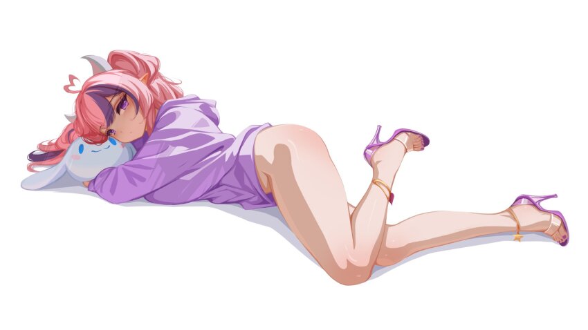 1girl ahoge cinnamoroll demon_girl demon_horns heart heart_ahoge high_heels highres horns indie_virtual_youtuber ironmouse ironmouse_(1st_costume) long_sleeves looking_at_viewer lying multicolored_hair no_panties no_pants on_side oversized_clothes pink_hair purple_eyes purple_streaks sansha_art solo streaked_hair stuffed_toy virtual_youtuber white_background