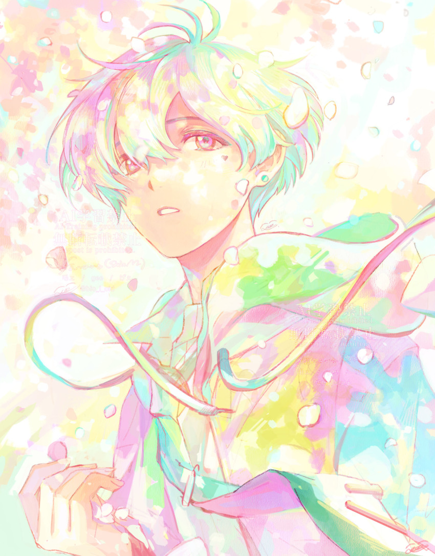 1boy bio_l_oid cherry_blossoms commentary earrings green_hair hair_between_eyes hanazono_momohito highres hood hoodie idolmaster idolmaster_side-m jewelry looking_ahead male_focus necktie parted_lips pastel_colors pink_eyes short_hair solo stud_earrings upper_body watermark wind