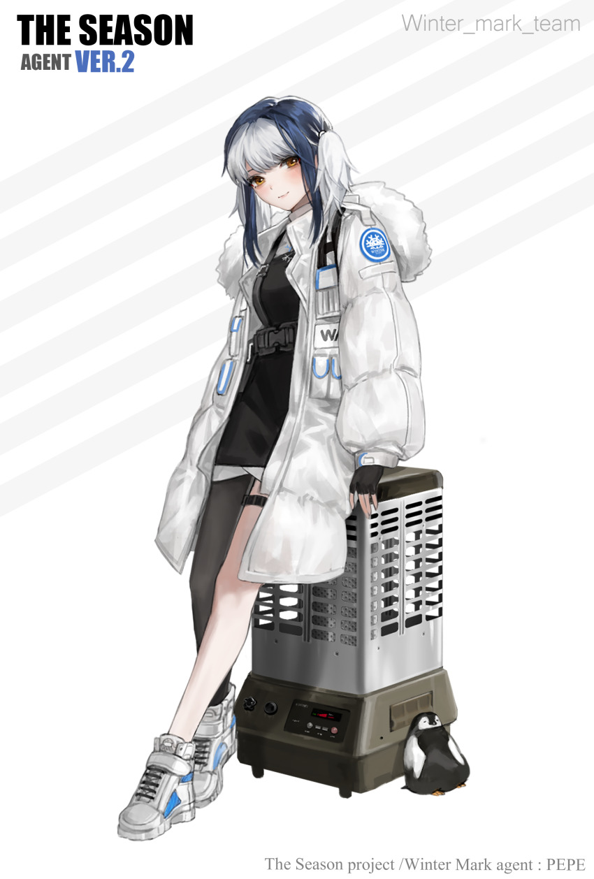1girl absurdres bird black_dress black_gloves blue_hair brown_eyes closed_mouth down_jacket dress fingerless_gloves fur-trimmed_jacket fur_trim gloves heater highres jacket multicolored_hair open_clothes open_jacket original penguin shoes single_leg_pantyhose sneakers solo sowb thigh_strap two-tone_hair two_side_up white_jacket white_shoes