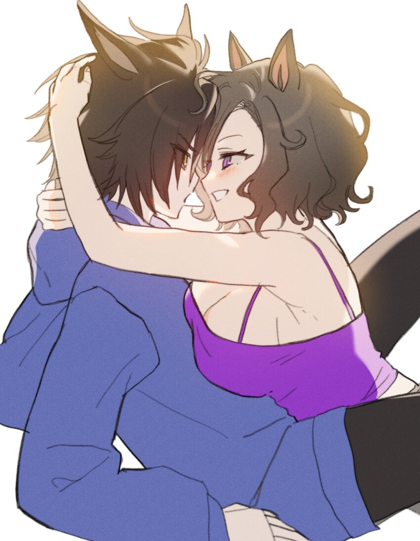 2girls air_shakur_(umamusume) black_hair black_pants blue_hoodie blush breast_rest breasts brown_hair camisole cleavage eye_contact hand_on_another&#039;s_head highres hood hoodie long_sleeves looking_at_another medium_breasts multiple_girls open_mouth pants purple_eyes purple_shirt shirt short_hair sideways_mouth smile tap_dance_city_(umamusume) uma_ozisan umamusume yellow_eyes yuri