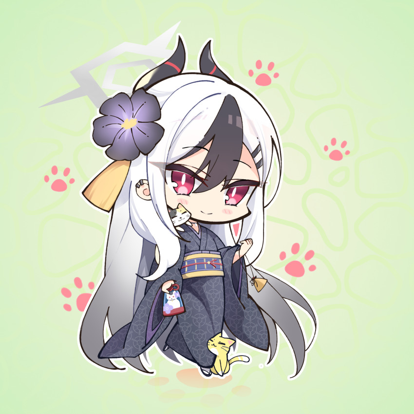 1girl =_hair_ornament animal animal_on_shoulder black_flower black_hair black_horns black_kimono blue_archive blush_stickers bright_pupils cat cat_on_shoulder charm_(object) chibi clenched_hand closed_mouth commentary demon_girl demon_horns ear_piercing flower full_body furisode fuyou_lev gradient_hair green_background grey_halo hair_flower hair_ornament hairclip halo hand_up happy highres holding holding_charm horns japanese_clothes kanzashi kayoko_(blue_archive) kayoko_(new_year)_(blue_archive) kimono long_sleeves looking_at_viewer multicolored_hair official_alternate_costume official_alternate_hairstyle paw_print piercing red_eyes simple_background smile solo split_mouth standing tassel tassel_hair_ornament two-tone_hair white_hair white_pupils wide_sleeves yellow_cat