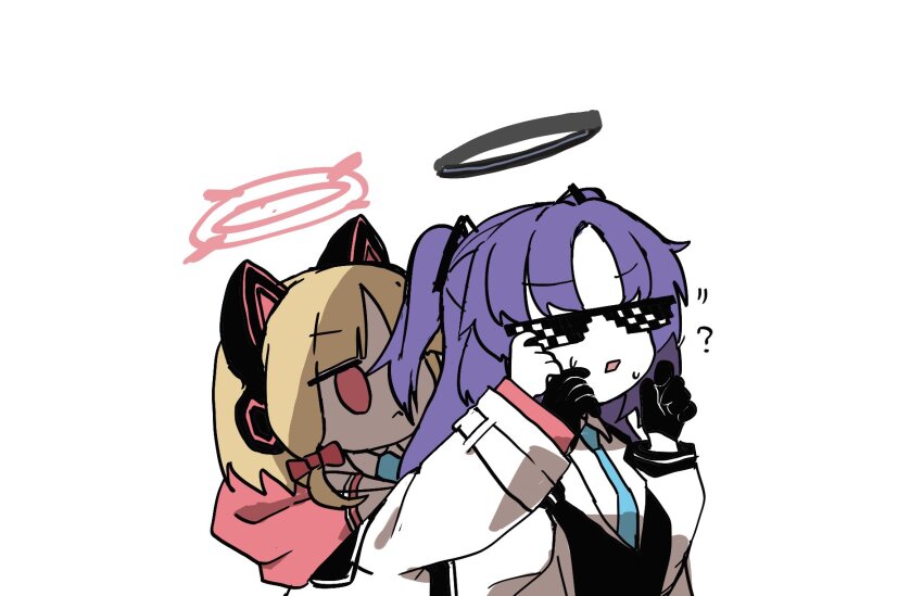 1girl ? blonde_hair blue_archive blue_necktie dress_shirt halo highres jacket momoi_(blue_archive) necktie odayaka pink_eyes pink_halo purple_hair shirt solo sunglasses twitter upper_body white_background white_jacket yuuka_(blue_archive)