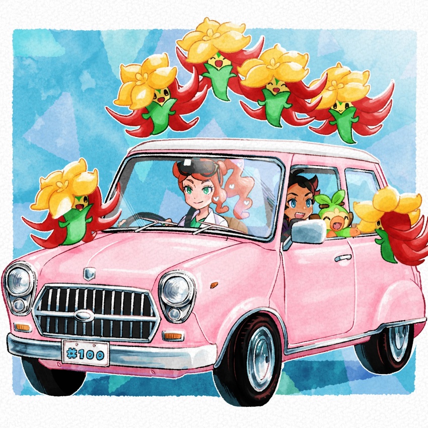 1boy 1girl :d blue_eyes blush border car closed_mouth coat driving eyelashes eyewear_on_head gen_8_pokemon goh_(pokemon) gossifleur green_eyes green_shirt grookey hair_ornament heart heart_hair_ornament highres holding minato_(mntnm) motor_vehicle nintendo open_mouth orange_hair pokemon pokemon_(anime) pokemon_(creature) pokemon_journeys ribbed_shirt shirt short_hair side_ponytail smile sonia_(pokemon) sunglasses teeth upper_teeth_only white_border white_coat