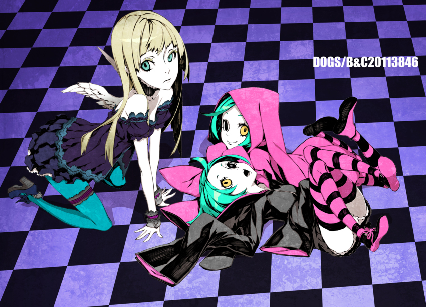 3girls angel_wings aqua_eyes bare_shoulders blonde_hair checkered_floor dogs:_bullets_&amp;_carnage dress floor green_hair green_legwear heterochromia kneeling long_hair long_sleeves luki miwa_shirow multiple_girls nill noki pantyhose short_hair siblings sleeves_past_wrists strapless strapless_dress striped_clothes striped_legwear striped_pantyhose thighhighs twins wings yellow_eyes