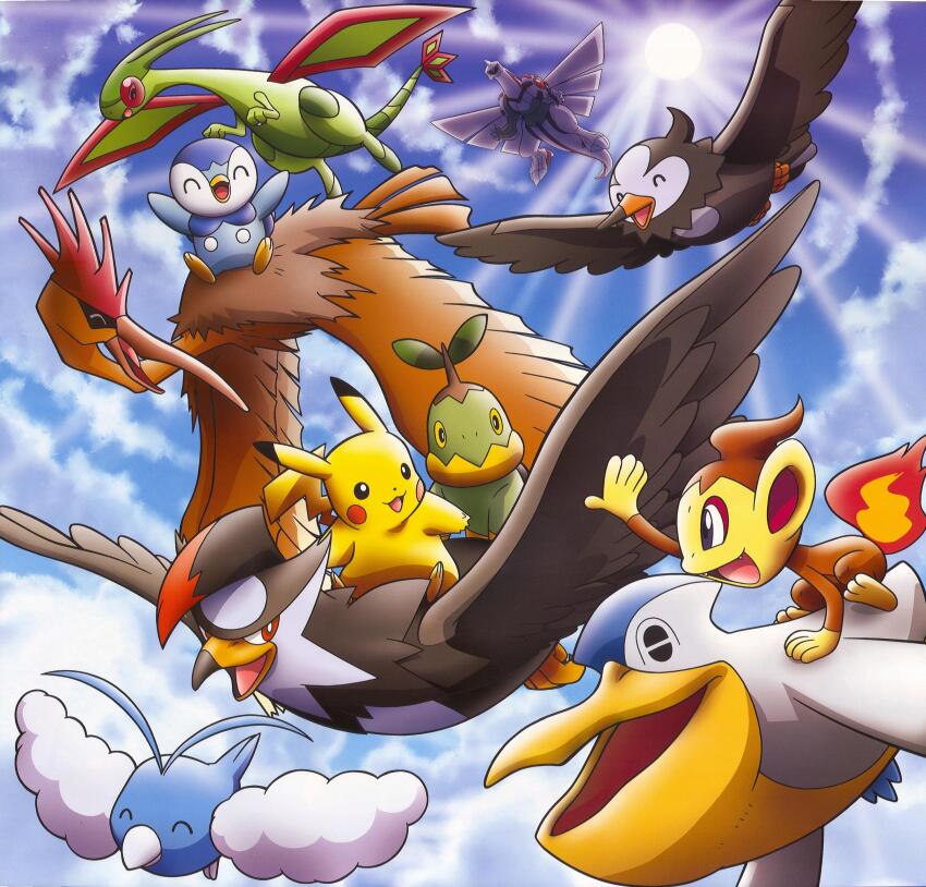 absurdres arms_up artist_request black_eyes blue_sky chimchar closed_eyes closed_mouth cloud cloudy_sky creatures_(company) day fearow fire flygon flying game_freak gen_1_pokemon gen_3_pokemon gen_4_pokemon highres legendary_pokemon nintendo no_humans official_art open_mouth palkia pelipper pikachu piplup pokemon pokemon_(creature) pokemon_focus red_eyes riding riding_pokemon scan sky smile staraptor starly sun swablu third-party_source turtwig