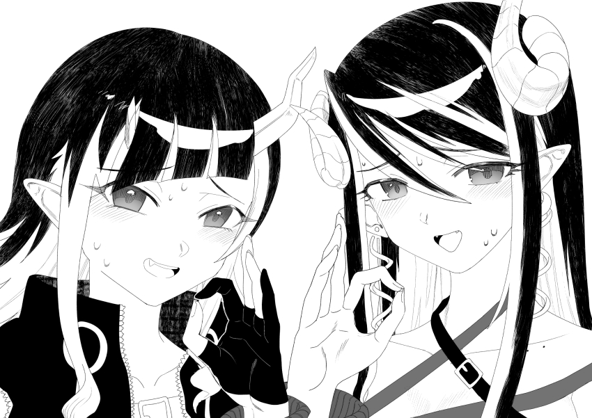 2girls blush buren chest_belt collarbone curled_horns demon_girl demon_horns fang gloves greyscale hair_between_eyes hebiyoi_tier hebiyoi_tier_(1st_costume) highres horns long_hair looking_at_viewer monochrome multicolored_hair multiple_girls nanashi_inc. ok_sign open_mouth partially_fingerless_gloves pointy_ears shishio_chris shishio_chris_(1st_costume) sidelocks simple_background smile snake_bite two-tone_hair upper_body virtual_youtuber