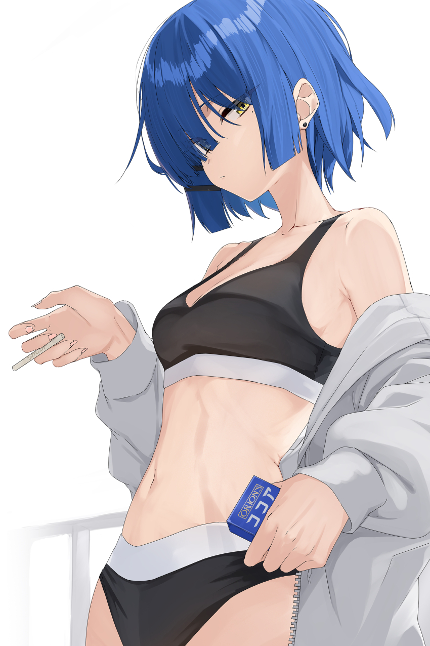 1girl absurdres black_tank_top blue_hair bocchi_the_rock! candy cigarette cigarette_candy closed_mouth commentary_request earrings food highres holding holding_cigarette isocha jacket jewelry looking_at_viewer mole mole_under_eye off_shoulder short_hair simple_background solo stud_earrings tank_top white_background white_jacket yamada_ryo yellow_eyes