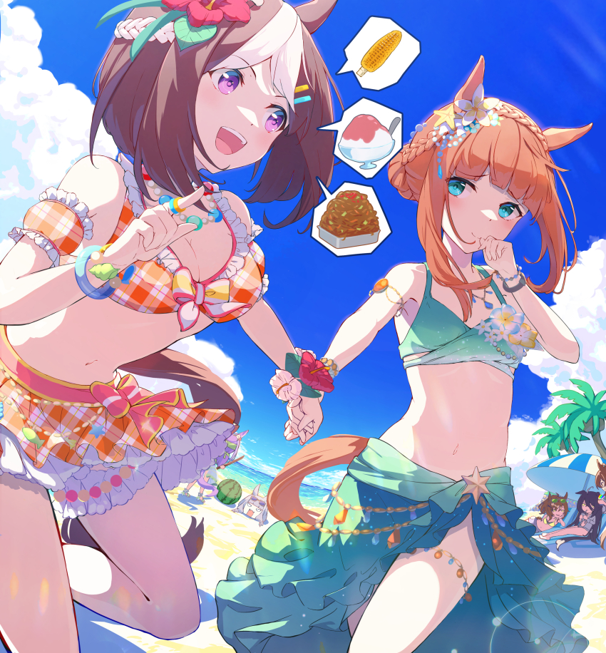6+girls :d absurdres agnes_tachyon_(lunatic_lab)_(umamusume) agnes_tachyon_(umamusume) ahoge animal_ears bare_shoulders beach beach_chair beach_umbrella bead_bracelet bead_necklace beads bikini bikini_skirt black_hair blindfold blue_sky blunt_bangs blush bracelet braid breasts brown_hair buried cleavage closed_mouth cloud cloudy_sky coffee1223 commentary corn cowboy_shot crown_braid curvy ear_flower eyewear_on_head flower food french_braid frilled_bikini frills fruit gold_ship_(run_revolt_launcher)_(umamusume) gold_ship_(umamusume) hair_between_eyes hair_bun hair_flower hair_ornament hairclip hibiscus highres holding_hands horse_ears horse_girl horse_tail jewelry jungle_pocket_(tobasuze_hot_summer!)_(umamusume) jungle_pocket_(umamusume) large_breasts lens_flare long_hair looking_at_another manhattan_cafe_(the_bubbles_that_i_see_with_you)_(umamusume) manhattan_cafe_(tobasuze_hot_summer!)_(umamusume) manhattan_cafe_(umamusume) medium_hair mejiro_mcqueen_(ripple_fairlady)_(umamusume) mejiro_mcqueen_(umamusume) multicolored_hair multiple_girls navel necklace ocean official_alternate_costume official_alternate_hairstyle open_mouth orange_bikini orange_hair outdoors palm_tree perspective plaid_bikini plaid_clothes ponytail purple_eyes purple_hair red_flower ring sand shaved_ice shy silence_suzuka_(emerald_on_the_waves)_(umamusume) silence_suzuka_(umamusume) single_hair_bun sky small_breasts smile special_week_(hopping_vitamin_heart)_(umamusume) special_week_(umamusume) speech_bubble spoken_food standing streaked_hair suikawari sunglasses swimsuit tail teeth thigh_strap tracen_swimsuit tree umamusume umbrella upper_teeth_only water watermelon white_bikini white_flower white_hair