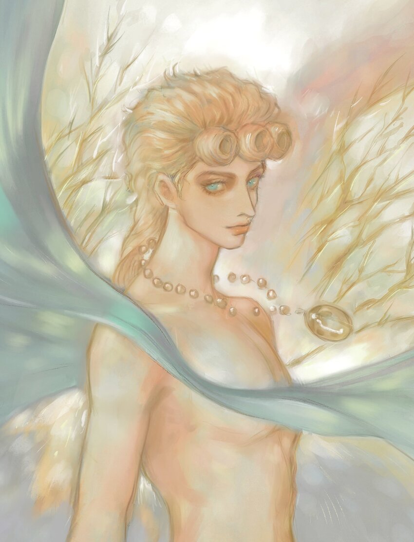 1boy a_io_u aqua_eyes bead_necklace beads blonde_hair closed_mouth curly_hair giorno_giovanna highres jewelry jojo_no_kimyou_na_bouken long_hair looking_at_viewer male_focus necklace pendant solo topless_male upper_body vento_aureo