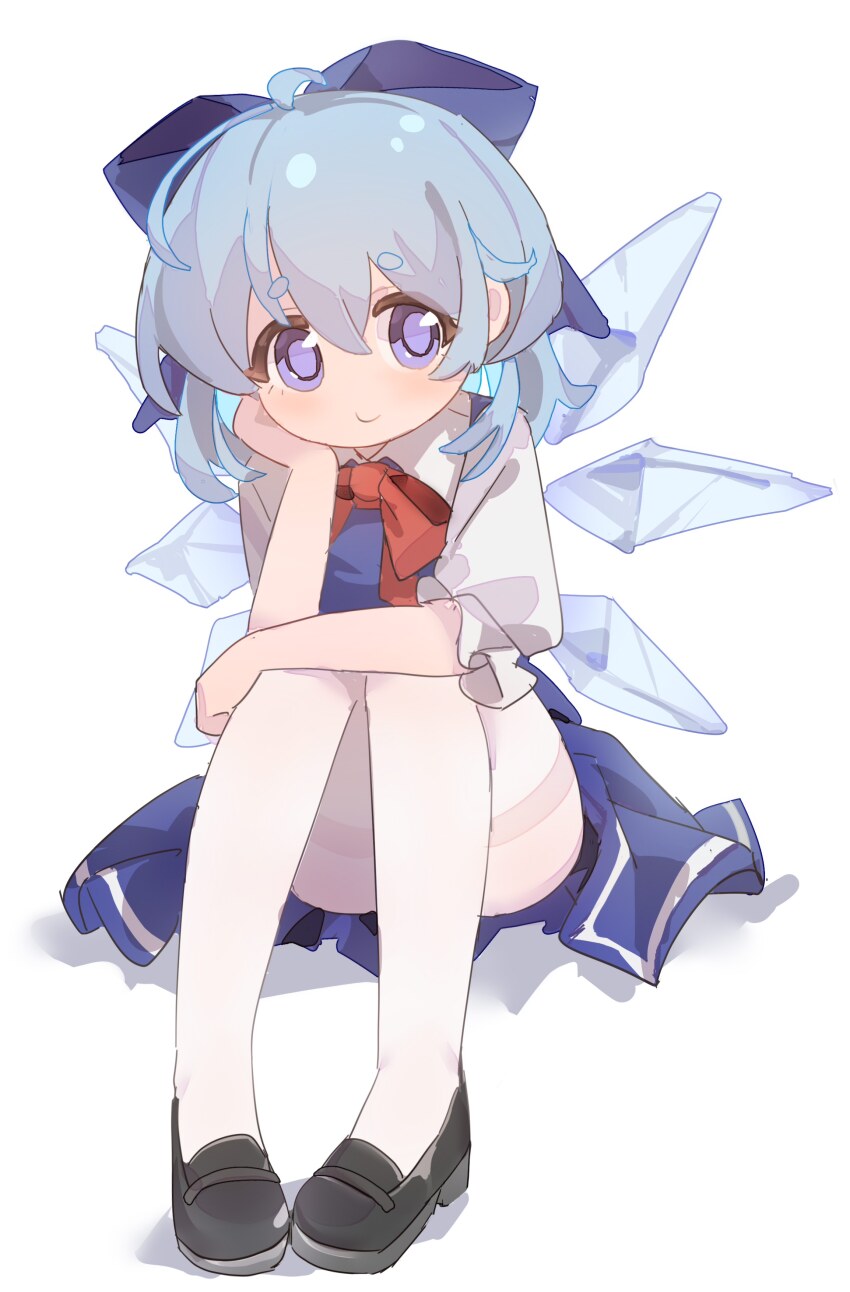 1girl absurdres ahoge black_shoes blue_bow blue_dress blue_eyes blue_hair bow cirno closed_mouth dress elbow_rest full_body gumingdi_ban hair_bow head_rest highres ice ice_wings knees_to_chest looking_at_viewer mary_janes neck_ribbon pantyhose puffy_short_sleeves puffy_sleeves red_ribbon ribbon shoes short_hair short_sleeves simple_background sitting solo thighband_pantyhose touhou white_background white_pantyhose wings