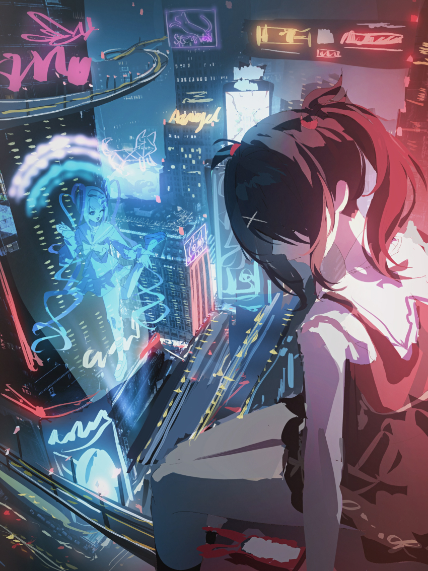 1girl absurdres ame-chan_(needy_girl_overdose) black_hair building chouzetsusaikawa_tenshi-chan city cityscape clip_studio_paint_(medium) commentary highres hologram junpaku_karen making-of_available medium_hair needy_girl_overdose neon_lights pien_cat_(needy_girl_overdose) sitting solo twintails