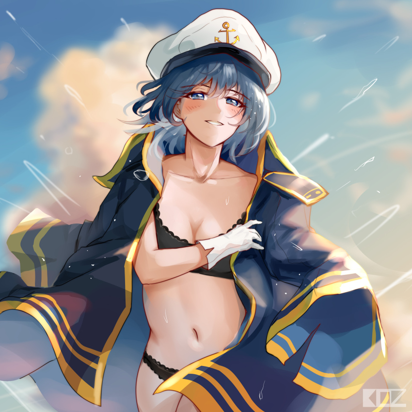1girl absurdres anchor_symbol black_bra black_panties blue_coat blue_sky blush bra breasts cleavage cloud coat coat_on_shoulders commentary cowboy_shot day edz_drawz english_commentary gloves gold_trim grey_eyes grey_hair grin hair_between_eyes hat highres looking_at_viewer medium_breasts murasa_minamitsu navel outdoors panties peaked_cap sailor_hat short_hair sky smile solo sunken_fossil_world touhou underwear white_gloves white_hat