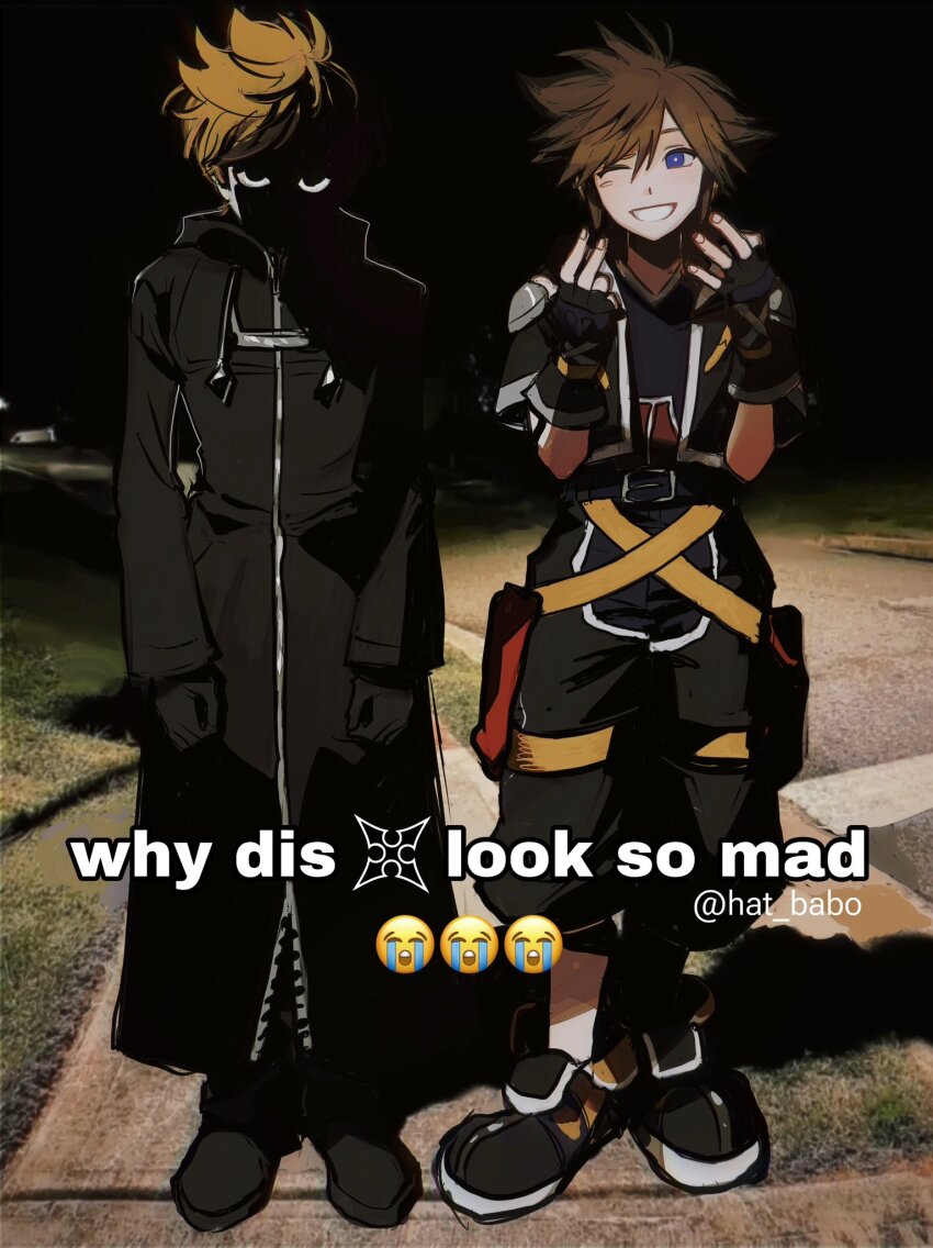 2boys belt black_coat_(kingdom_hearts) blonde_hair blue_eyes brown_hair commentary crying_emoji emoji english_commentary english_text face_in_shadow full_body gloves grin hat_babo highres kingdom_hearts male_focus meme multiple_boys night one_eye_closed outdoors photo_background roxas shoes short_hair sidewalk smile sora_(kingdom_hearts) spiked_hair standing why_dis_ninja_look_so_mad_(meme)