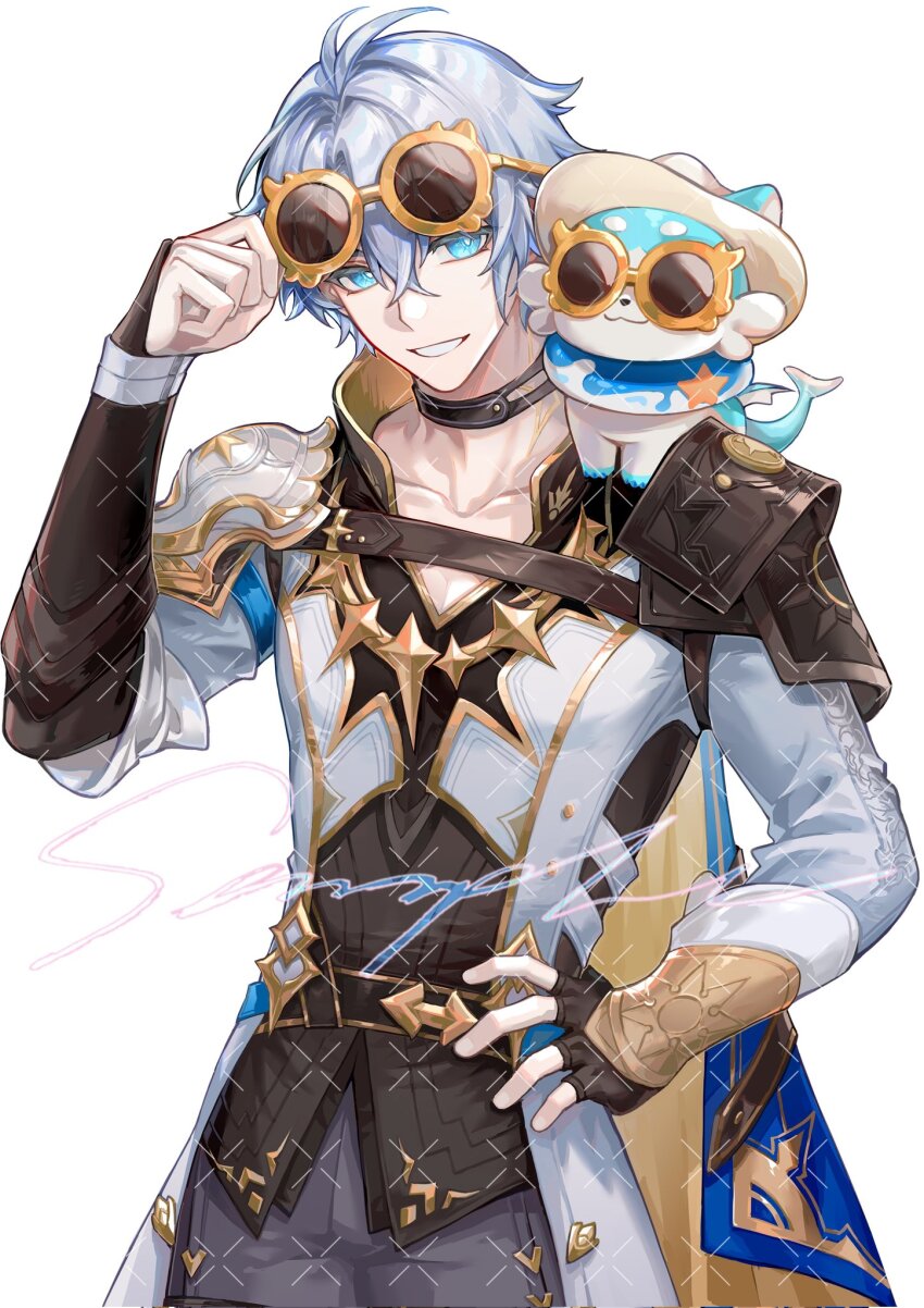 1boy antenna_hair armor black_choker black_gloves black_pants black_shirt blue_cape blue_eyes bubbles_(honkai:_star_rail) cape chimera_(honkai:_star_rail) choker coat creature creature_on_shoulder ddcsddg eyewear_on_head fingerless_gloves gloves highres honkai:_star_rail honkai_(series) male_focus on_shoulder pants parted_bangs pauldrons phainon_(honkai:_star_rail) shirt short_hair shoulder_armor simple_background single_glove single_pauldron solo watermark watermark_grid white_background white_coat white_hair