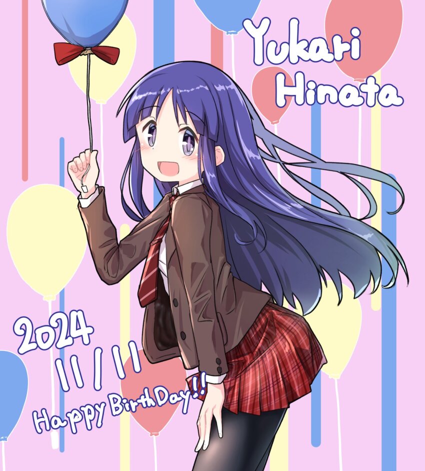 1girl :d alternate_costume balloon black_pantyhose blush bow brown_jacket character_name collared_shirt commentary_request cowboy_shot dated english_text from_side hand_on_own_thigh happy_birthday highres hinata_yukari holding holding_balloon jacket leaning_forward long_hair long_sideburns long_sleeves looking_at_viewer necktie open_clothes open_jacket open_mouth pantyhose pink_background plaid_clothes plaid_skirt pleated_skirt purple_eyes purple_hair red_bow red_necktie red_skirt shirt sideburns skirt smile solo striped_necktie turning_head white_shirt yuukin yuyushiki