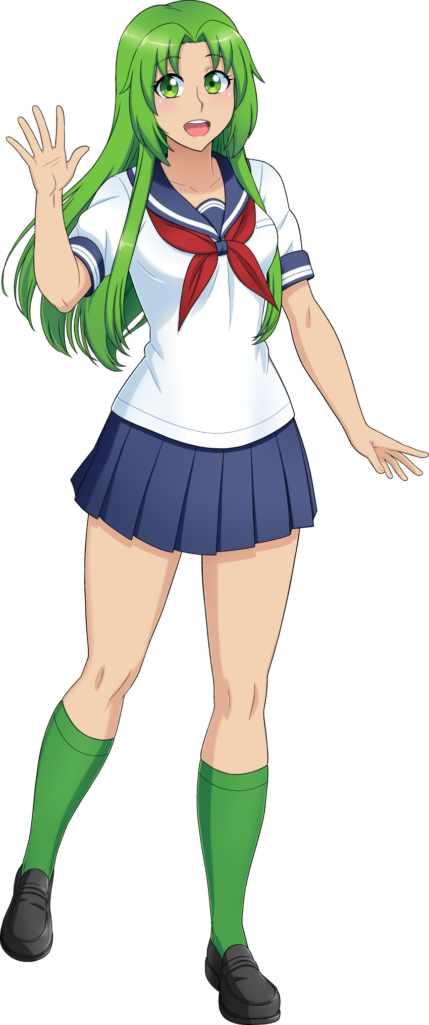 1girl absurdres artist_request blue_sailor_collar blue_skirt full_body green_eyes green_hair green_socks highres long_hair looking_at_viewer midori_gurin_(yandere_simulator) neckerchief non-web_source official_art open_mouth pleated_skirt red_neckerchief sailor_collar school_uniform serafuku simple_background skirt socks teeth upper_teeth_only waving white_background white_serafuku yandere_simulator