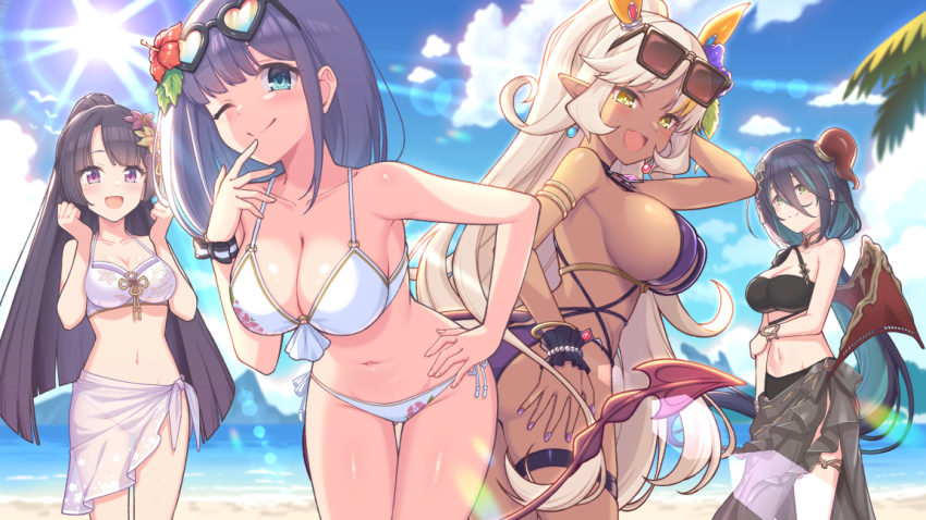 4girls armlet bare_shoulders beach bikini black_bikini black_hair blue_eyes blue_hair blush bracelet breasts cleavage colored_inner_hair dark-skinned_female dark_skin eyewear_on_head flower hair_between_eyes hair_flower hair_ornament heart heart-shaped_eyewear high_ponytail horns jewelry kouzuki_tsubasa_(musou_kaidou) large_breasts lily_(princess_connect!) lily_(summer)_(princess_connect!) long_hair looking_at_viewer medium_hair misora_(princess_connect!) misora_(summer)_(princess_connect!) multicolored_hair multiple_girls navel nea_(princess_connect!) nea_(summer)_(princess_connect!) open_mouth ponytail princess_connect! purple_bikini purple_eyes purple_hair ranpha_(princess_connect!) ranpha_(summer)_(princess_connect!) sarong shore sideboob sidelocks smile sunglasses swimsuit tail thighs white_bikini white_hair wings yellow_eyes
