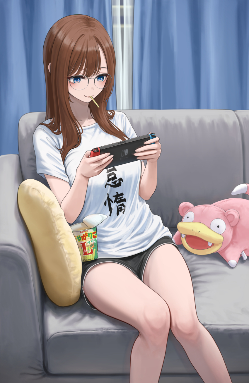 1girl akiyama_akane blue_eyes blush breasts brown_hair closed_mouth couch eating food_in_mouth gen_1_pokemon glasses highres holding indoors large_breasts long_hair nintendo nintendo_switch original pillow pokemon pokemon_(creature) round_eyewear shirt shorts sitting slowpoke smile solo white_shirt yukimaru_ai