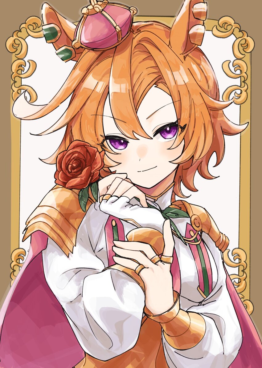 1girl amano_(amano_miko) animal_ear_piercing animal_ears armor armored_corset border cape closed_mouth commentary_request cropped_shirt crown fingerless_gloves flower gloves gold_armor hair_between_eyes hand_on_own_wrist hand_up highres holding holding_flower horse_ears horse_girl jewelry light_blush long_sleeves looking_at_viewer mini_crown orange_hair ornate_border outside_border pink_cape pink_ribbon puffy_long_sleeves puffy_sleeves purple_eyes red_flower red_rose ribbon ring rose shirt short_hair shoulder_armor shoulder_pads single_glove smile solo t.m._opera_o_(umamusume) umamusume upper_body vambraces white_background white_gloves white_shirt