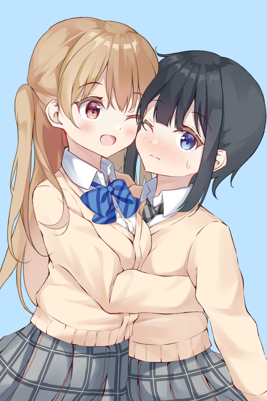 2girls blonde_hair blue_eyes blue_hair blush couple dark_blue_hair highres inseki keito4f long_hair minagi_hiyori minagi_koharu multiple_girls plaid_clothes plaid_skirt pleated_skirt school_uniform short_hair siblings sisters skirt slow_loop step-siblings sweater yuri