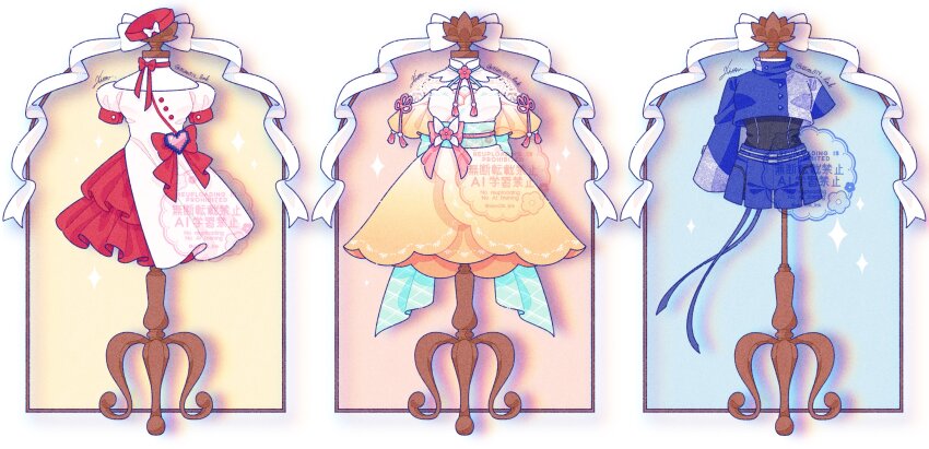 aoku_haruka/flower asymmetrical_sleeves blue_background blue_sash blue_shorts border bow choker commentary cropped_shirt dress dress_bow flower_knot frilled_dress frills gradient_clothes gradient_dress hat hat_bow heart highres ladybug/beauty_(love_live!) link!_like!_love_live! long_sleeves love_live! mannequin medium_dress miracreation/elegance multicolored_background no_humans obi object_focus off-shoulder_dress off_shoulder orange_background orange_dress outside_border pink_bow pixel_heart puffy_short_sleeves puffy_sleeves red_bow red_dress red_hat ribbon ribbon_choker sash shirt short_dress short_sleeves shorts signature sparkle still_life twitter_username two-tone_dress underbust uneven_sleeves unworn_shirt unworn_shorts watermark white_background white_border white_bow white_dress white_ribbon xion014_link yellow_background